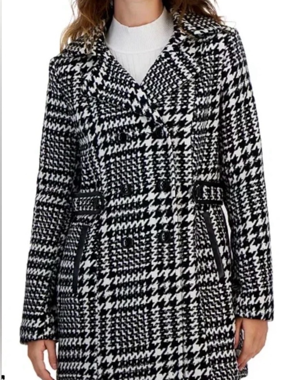 BCX Black & White Houndstooth Double-Breasted Pea Coat